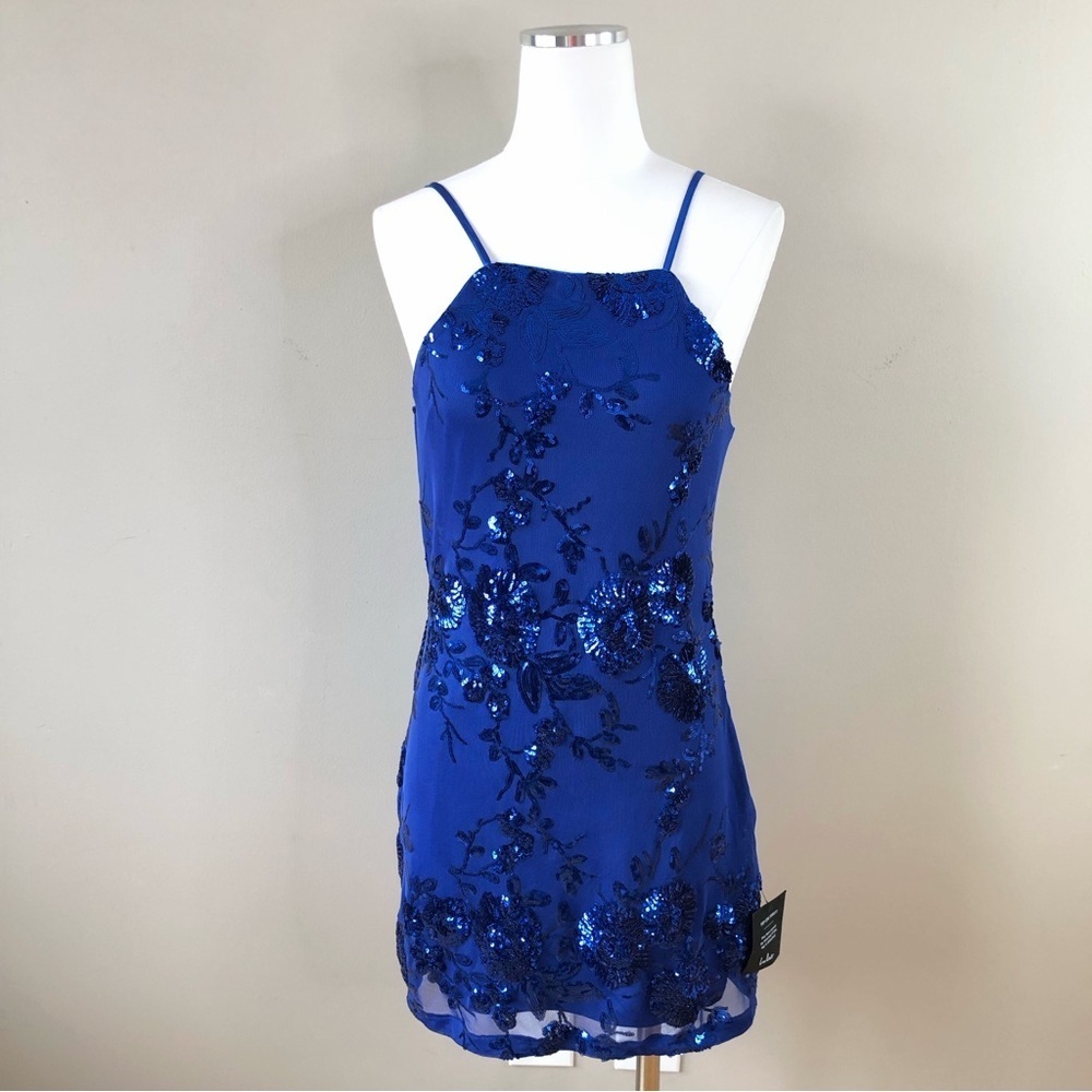 NWT Lulu's Cobalt blue Floral Sequined Sexy Cocktail Mini Dress M